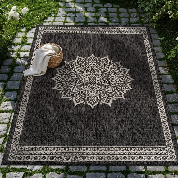 Outdoor Rug 5x7 Medallion Darkgray Modern Area Rugs For Indoor And Patios Kitchen Hallway Mats Washable Porch Deck Outside Carpet (medallion 5 X 7)
