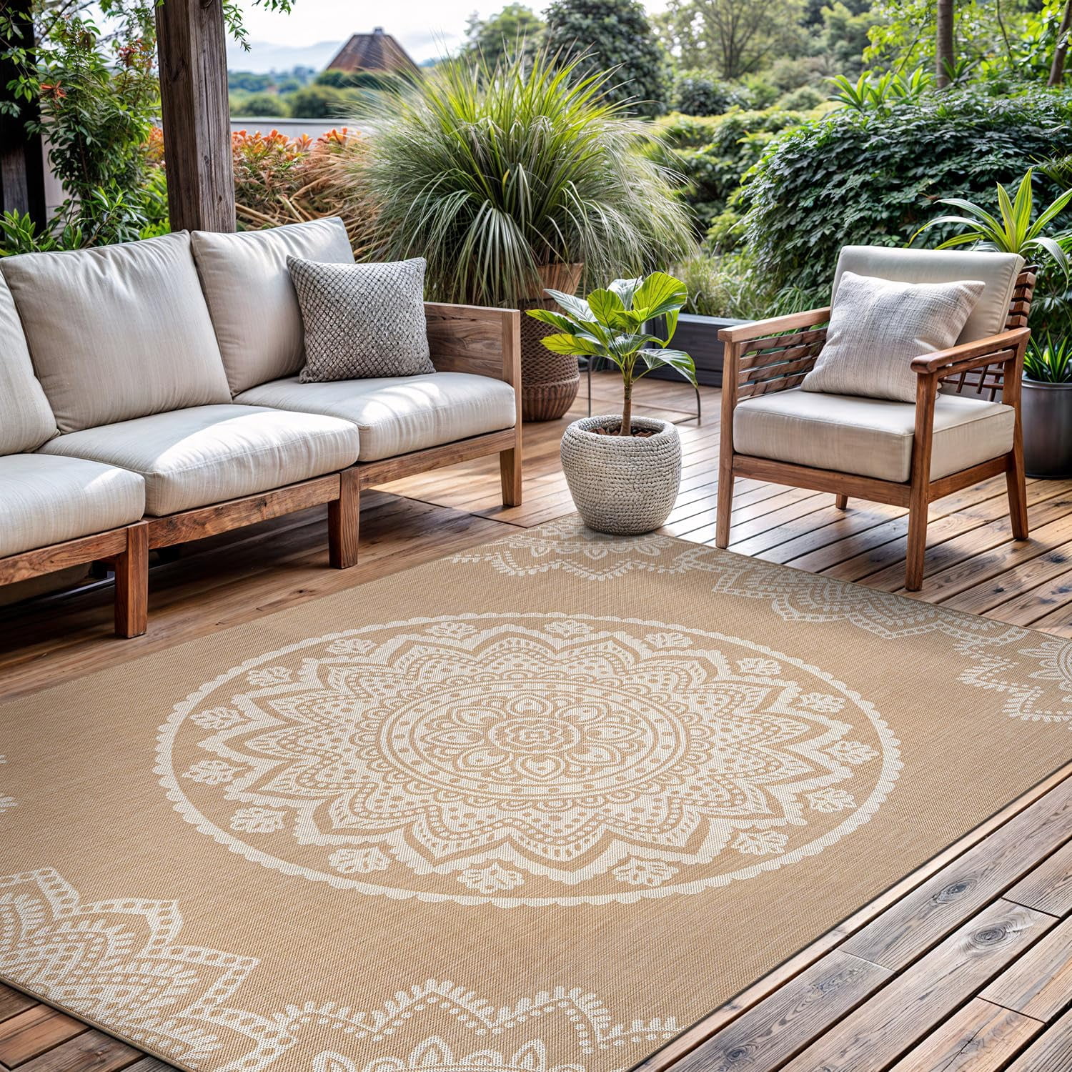 Outdoor Rug 5x7 Modern Area Rugs For Indoor And Patios Porches - Waterproof  Washable Non-shedding Easy-to-clean Outside Carpet (5 X 7 Medallion Beige/white)