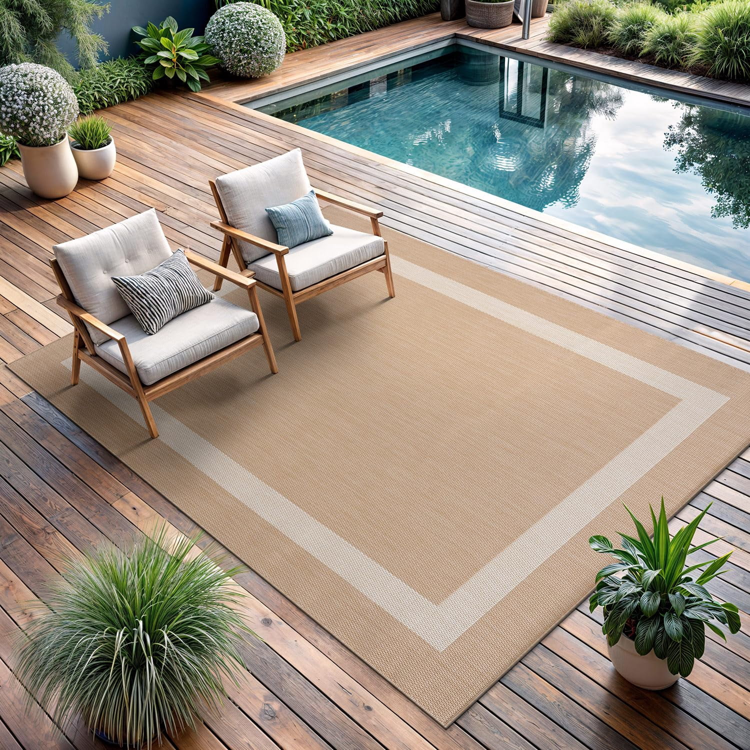 Outdoor Rug 5x7  Modern Outside Rugs For Patios Porches Waterproof Durable Washable Non-shedding Easy-to-clean Indoor Area Carpet (5 X 7 Bordered - Beige/white)