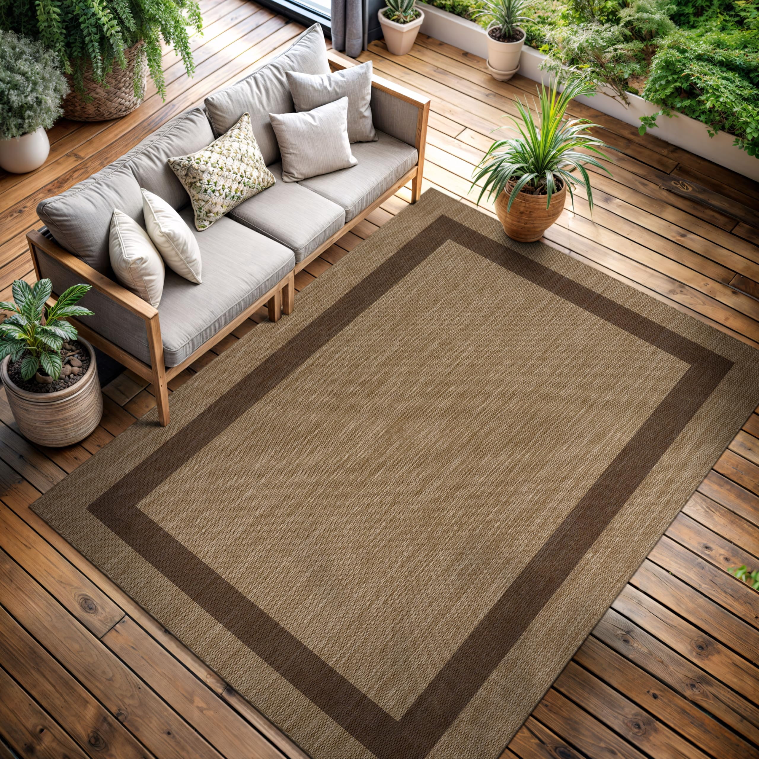 Outdoor Rug 5x7 - Modern Outside Rugs For Patios Porches Waterproof Durable Washable Non-shedding  Easy-to-clean Indoor Area Carpet (5 X 7 Bordered Jute)