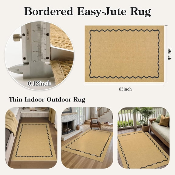 Outdoor Rug 5x7 Washable Easy Jute Rug, Non-Skid Scalloped Geometric Floor Mats for Living Room, Neutral Modern Foldable Low-Pile Minimalism Carpet for Bedroom Backyard Home Decor