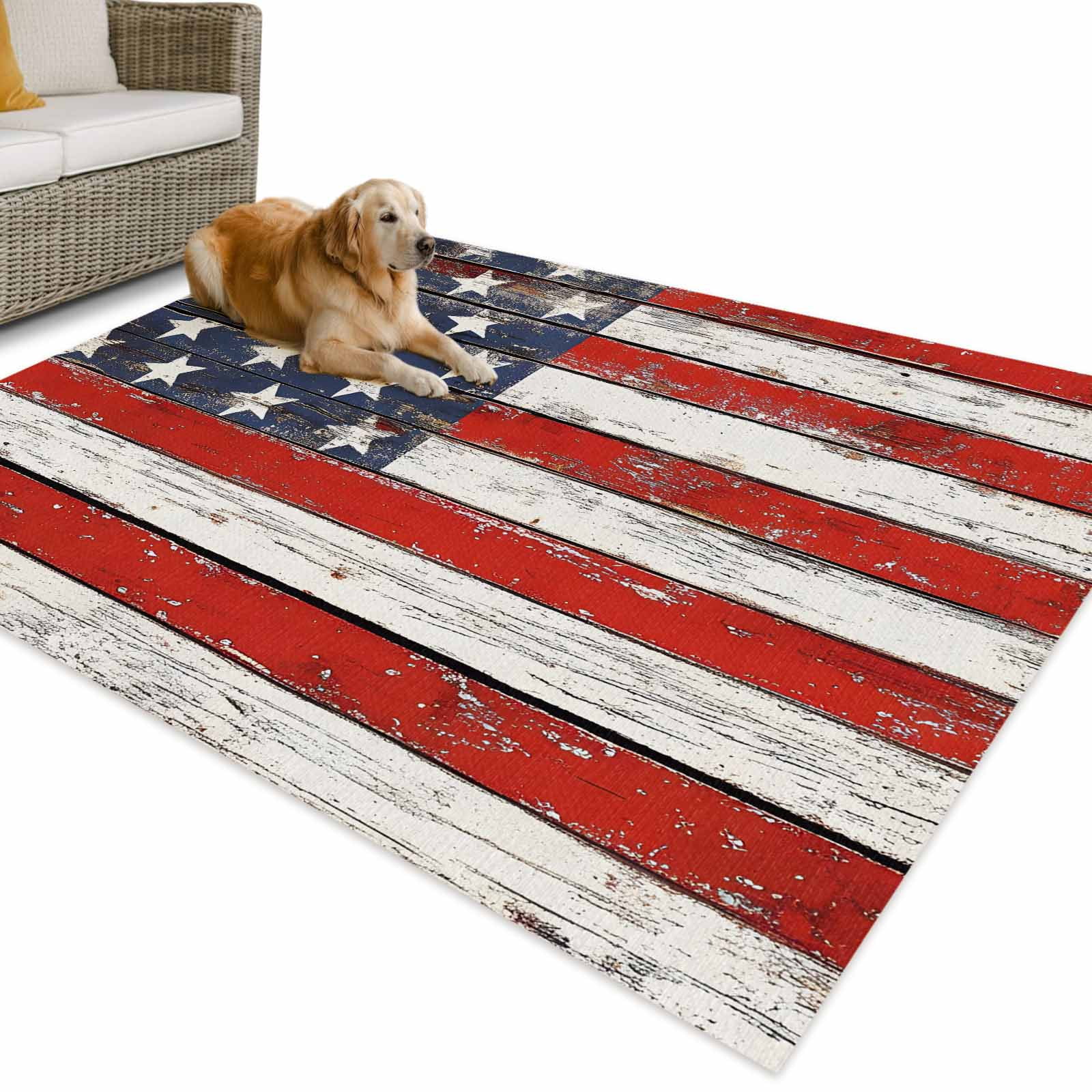 Outdoor Rug 5x7 ft 4th of July Waterproof Outdoor Patio Rug Mat Non Slip Outside Area Rugs Carpet for RV,Camping,Porch,Deck,Pool,Balconybackyard,Patriotic Wood American Flag Red White and Blue