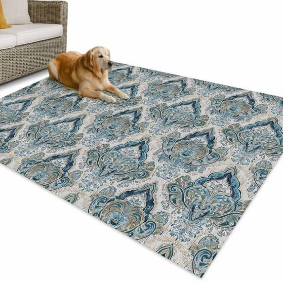 Outdoor Rug 5x7 ft Abstract Vintage Paisley Waterproof Outdoor Patio Rug Mat Non Slip Outside Area Rugs Carpet for RV,Camping,Porch,Deck,Pool,Balconybackyard,Boho Floral Texture Blue