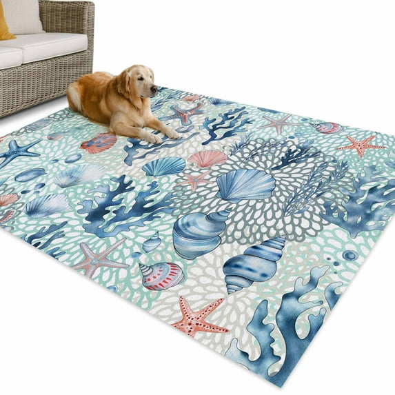 Outdoor Rug 5x7 ft Blue Coastal Nautical Ocean Waterproof Outdoor Patio Rug Mat Non Slip Outside Area Rugs Carpet for RV,Camping,Porch,Deck,Pool,Balconybackyard,Seashell Starfish Seagrass
