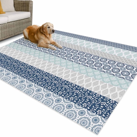 Outdoor Rug 5x7 ft Blue Grey Boho Waterproof Outdoor Patio Rug Mat Non Slip Outside Area Rugs Carpet for RV,Camping,Porch,Deck,Pool,Balconybackyard,Bohemian Geometric Pattern