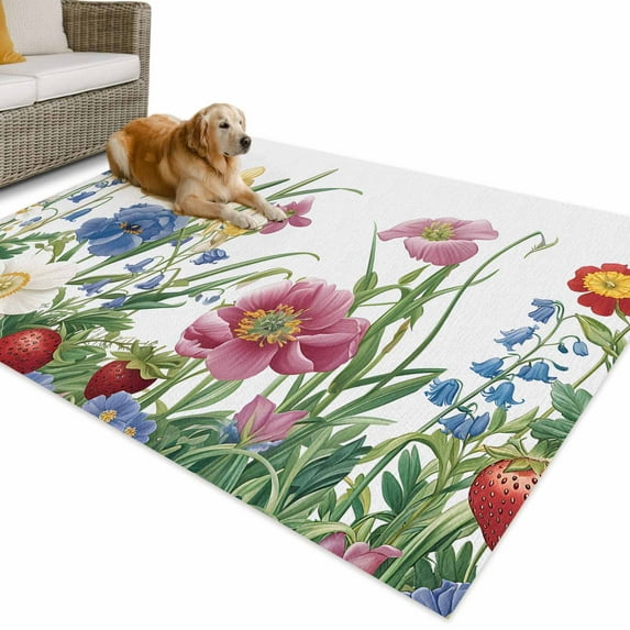 Outdoor Rug 5x7 ft Boho Floral Print Waterproof Outdoor Patio Rug Mat Non Slip Outside Area Rugs Carpet for RV,Camping,Porch,Deck,Pool,Balconybackyard,Peony Strawberry