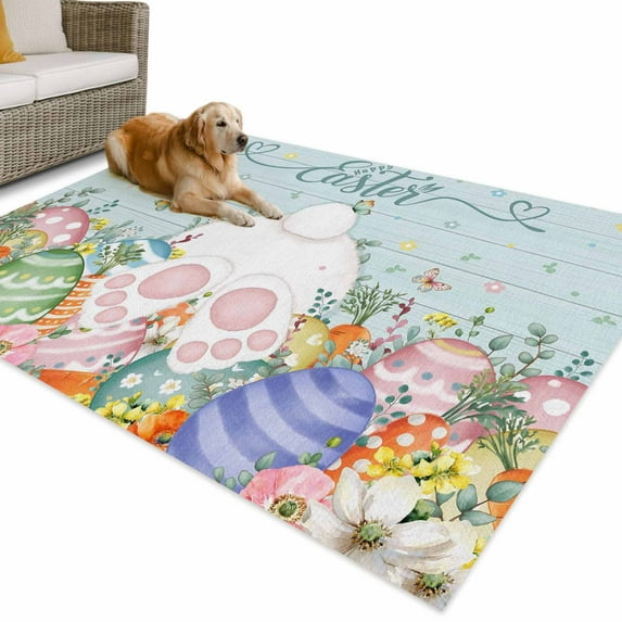 Outdoor Rug 5x7 ft Bunny Tail Happy Easter Waterproof Outdoor Patio Rug Mat Non Slip Outside Area Rugs Carpet for RV,Camping,Porch,Deck,Pool,Balconybackyard,Color Eggs Spring Flowers Light Blue