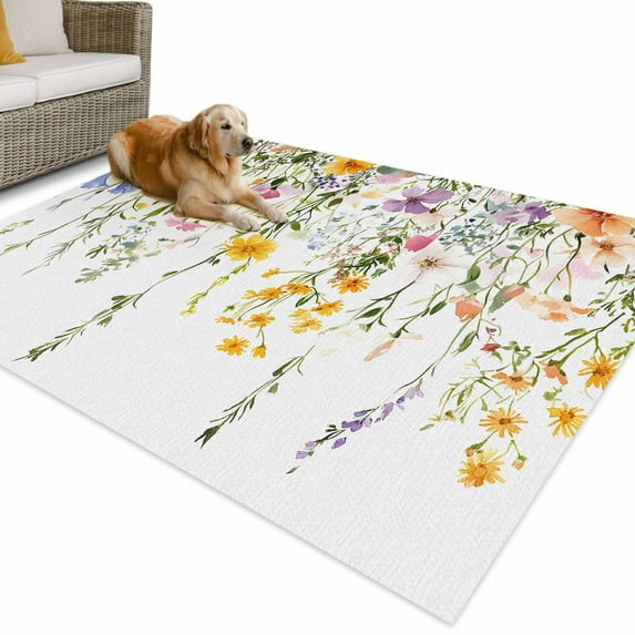 Outdoor Rug 5x7 ft Cottagecore Floral Waterproof Outdoor Patio Rug Mat Non Slip Outside Area Rugs Carpet for RV,Camping,Porch,Deck,Pool,Balconybackyard,Colorful Watercolor Flowers Leaves