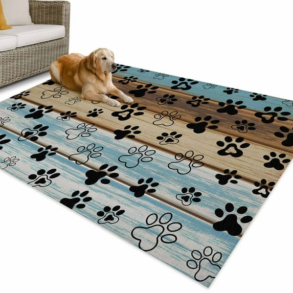 Outdoor Rug 5x7 ft Dog Claw Paw Print Waterproof Outdoor Patio Rug Mat Non Slip Outside Area Rugs Carpet for RV,Camping,Porch,Deck,Pool,Balconybackyard,Pet Blue Brown Farmhouses Wood