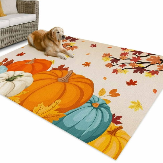 Outdoor Rug 5x7 ft Fall Thanksgiving Waterproof Outdoor Patio Rug Mat Non Slip Outside Area Rugs Carpet for RV,Camping,Porch,Deck,Pool,Balconybackyard,Orange Teal White Pumpkin Retro Maple Leaf