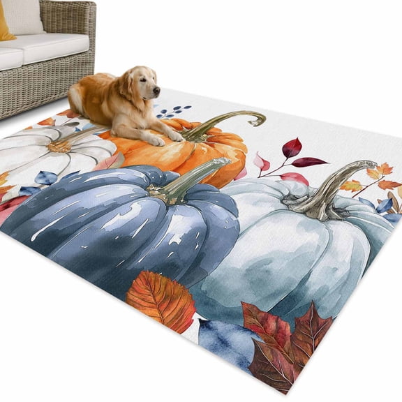 Outdoor Rug 5x7 ft Fall Thanksgiving Waterproof Outdoor Patio Rug Mat Non Slip Outside Area Rugs Carpet for RV,Camping,Porch,Deck,Pool,Balconybackyard,Orange Blue White Pumpkin Vintage Leaf