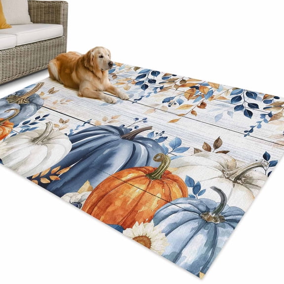 Outdoor Rug 5x7 ft Farmhouse Fall Thanksgiving Waterproof Outdoor Patio Rug Mat Non Slip Outside Area Rugs Carpet for RV,Camping,Porch,Deck,Pool,Balconybackyard,Blue White Orange Boho Pumpkin