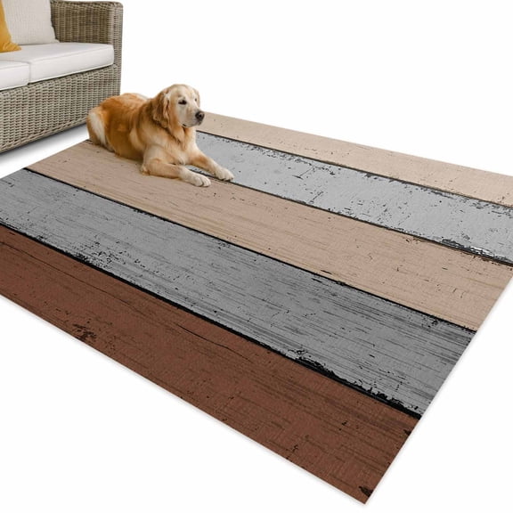 Outdoor Rug 5x7 ft Farmhouse Rustic Wood Texture Waterproof Outdoor Patio Rug Mat Non Slip Outside Area Rugs Carpet for RV,Camping,Porch,Deck,Pool,Balconybackyard,Brown Grey