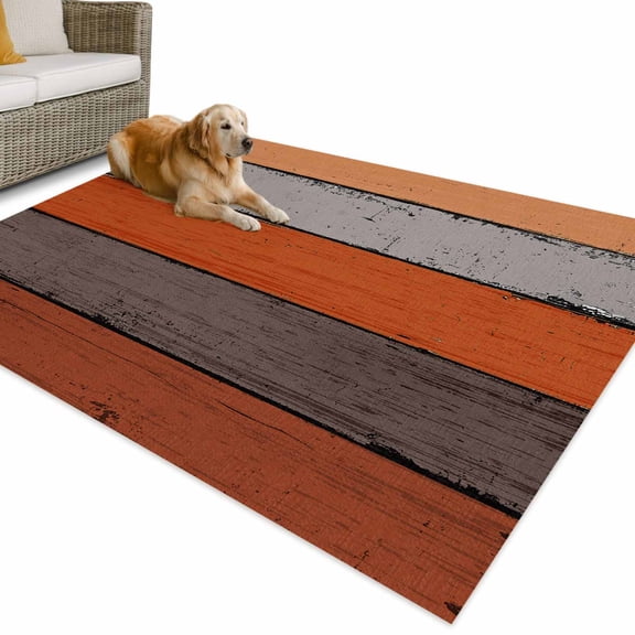 Outdoor Rug 5x7 ft Farmhouse Rustic Wood Texture Waterproof Outdoor Patio Rug Mat Non Slip Outside Area Rugs Carpet for RV,Camping,Porch,Deck,Pool,Balconybackyard,Burnt Orange Grey