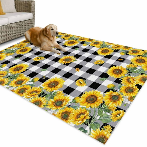 Outdoor Rug 5x7 ft Farmhouse Sunflowers Floral Print Waterproof Outdoor Patio Rug Mat Non Slip Outside Area Rugs Carpet for RV,Camping,Porch,Deck,Pool,Balconybackyard,Black And White Check Plaid