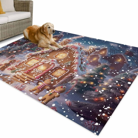 Outdoor Rug 5x7 ft Gingerbread Man Christmas Waterproof Outdoor Patio Rug Mat Non Slip Outside Area Rugs Carpet for RV,Camping,Porch,Deck,Pool,Balconybackyard,Winter Snowy Scene White