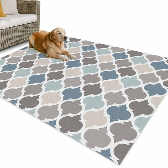 Outdoor Rug 5x7 ft Gray Blue Beige Abstract Quatrefoil Pattern Waterproof Outdoor Patio Rug Mat Non Slip Outside Area Rugs Carpet for RV,Camping,Porch,Deck,Pool,Balconybackyard,Geometric