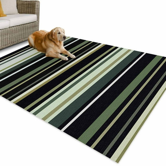 Outdoor Rug 5x7 ft Green Black Retro Stripe Waterproof Outdoor Patio Rug Mat Non Slip Outside Area Rugs Carpet for RV,Camping,Porch,Deck,Pool,Balconybackyard,Minimalist Geometric Pattern