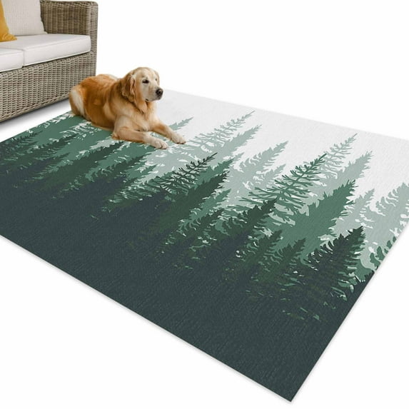 Outdoor Rug 5x7 ft Green Rustic Forest Waterproof Outdoor Patio Rug Mat Non Slip Outside Area Rugs Carpet for RV,Camping,Porch,Deck,Pool,Balconybackyard,Misty Pine Trees Silhouette