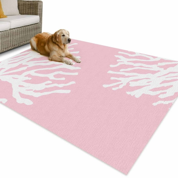 Outdoor Rug 5x7 ft Nautical Coastal Waterproof Outdoor Patio Rug Mat Non Slip Outside Area Rugs Carpet for RV,Camping,Porch,Deck,Pool,Balconybackyard,Ocean Coral Print Pink White
