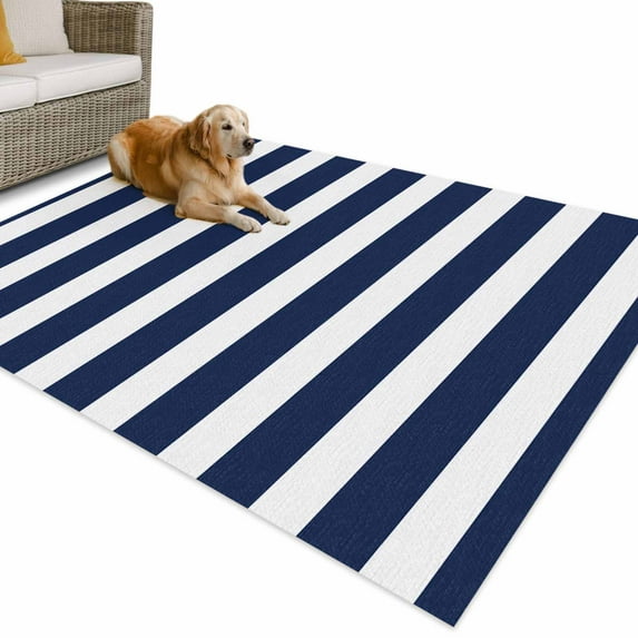 Outdoor Rug 5x7 ft Navy Blue White Geometric Stripes Waterproof Outdoor Patio Rug Mat Non Slip Outside Area Rugs Carpet for RV,Camping,Porch,Deck,Pool,Balconybackyard,Minimalist Modern Art