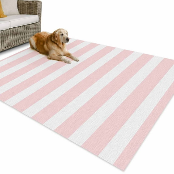 Outdoor Rug 5x7 ft Pink White Geometric Stripes Waterproof Outdoor Patio Rug Mat Non Slip Outside Area Rugs Carpet for RV,Camping,Porch,Deck,Pool,Balconybackyard,Minimalist Modern Art