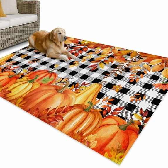 Outdoor Rug 5x7 ft Pumpkins Fall Thanksgiving Waterproof Outdoor Patio Rug Mat Non Slip Outside Area Rugs Carpet for RV,Camping,Porch,Deck,Pool,Balconybackyard,Orange Leaves Black White Plaid