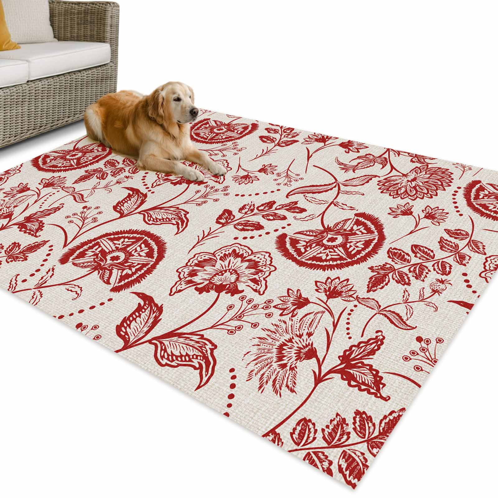 Outdoor Rug 5x7 ft Red Chinoiserie Floral Waterproof Outdoor Patio Rug ...