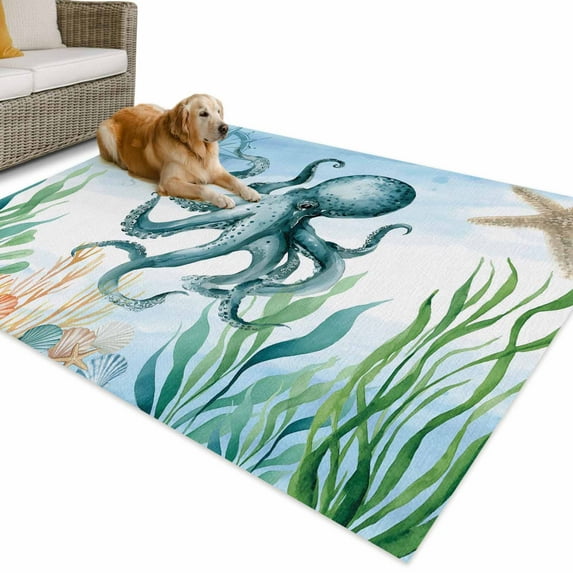 Outdoor Rug 5x7 ft Sea Octopus Compass Waterproof Outdoor Patio Rug Mat Non Slip Outside Area Rugs Carpet for RV,Camping,Porch,Deck,Pool,Balconybackyard,Bule Sea Starfish Seaweed