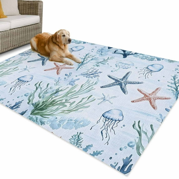 Outdoor Rug 5x7 ft Summer Ocean Waterproof Outdoor Patio Rug Mat Non Slip Outside Area Rugs Carpet for RV,Camping,Porch,Deck,Pool,Balconybackyard,Coastal Starfish Coral Jellyfish Aqua Blue