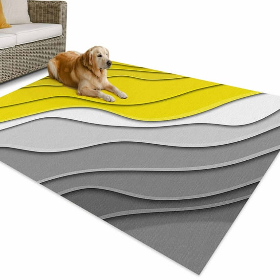 Outdoor Rug 5x7 ft Yellow Gray Beach Coastal Waterproof Outdoor Patio Rug Mat Non Slip Outside Area Rugs Carpet for RV,Camping,Porch,Deck,Pool,Balconybackyard,Abstract Geometric Ocean Waves