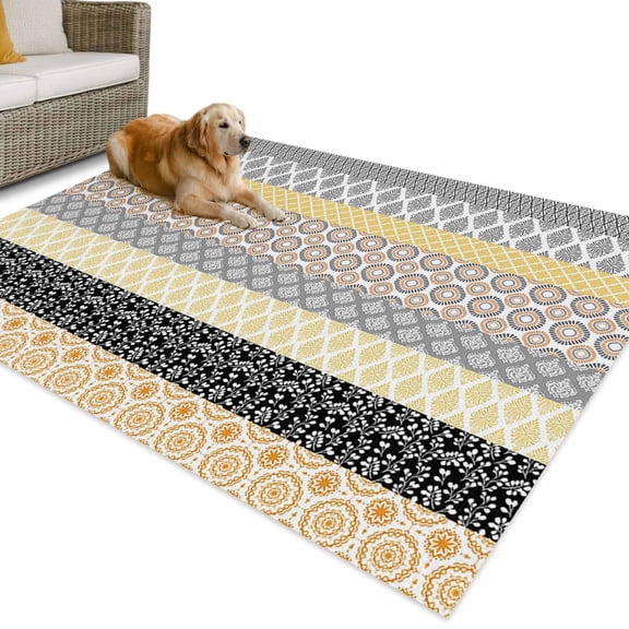 Outdoor Rug 5x7 ft Yellow Grey Boho Waterproof Outdoor Patio Rug Mat Non Slip Outside Area Rugs Carpet for RV,Camping,Porch,Deck,Pool,Balconybackyard,Bohemian Geometric Pattern