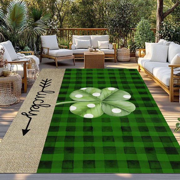 Outdoor Rug 5x7ft, St. Patrick''s Day Four Clovers Leaf Green Gingham Indoor Area Rug for Patio Large Floor Mat, Spring Shamrock Leaves Non-Slip Outside Carpet Balcony Porch Camping Rugs Picnic Mat