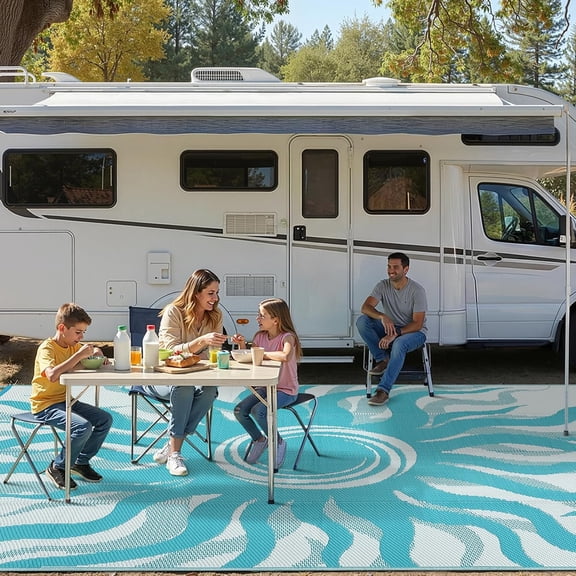 Outdoor Rug 5x8 Waterproof Patio Rugs with Boho Sun Pattern, Reversible Plastic Straw Camping Rugs Outdoor Indoor RV Mat Carpet for Deck, Backyard, Picnic, Porch, Balcony, Beach, Orange