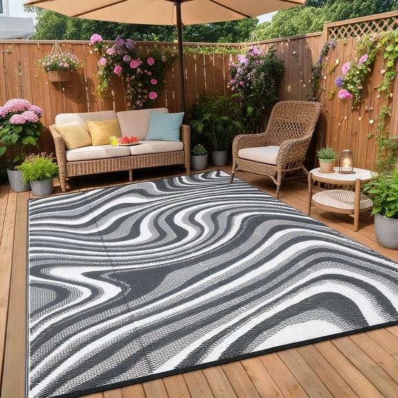 Outdoor Rug 5x8 Waterproof Patio Rugs Modern Abstarct Reversible Mat for Front Door Rv Foldable Plastic Straw Carpet for Travel Trailers, Deck, Porch, Camper, Balcony, Beach,Black/Grey