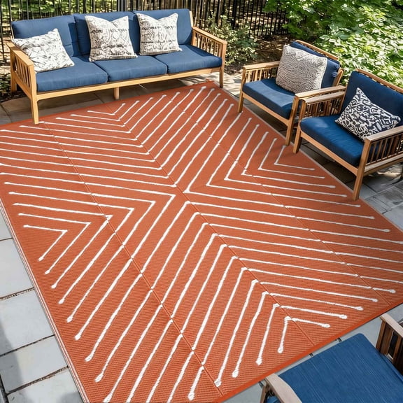 Outdoor Rug 5x8 Waterproof Patio Rugs Modern Line Geometric Reversible Mat for Front Door Rv Foldable Plastic Straw Carpet for Travel Trailers, Deck, Picnic, Camper, Balcony, Beach,Orange/White