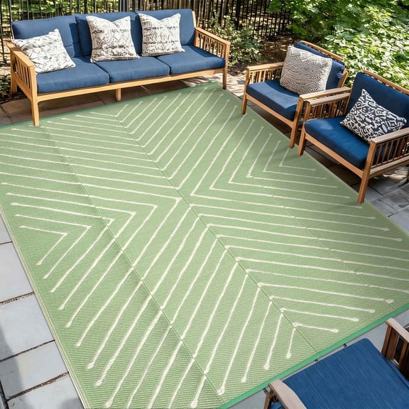Outdoor Rug 5x8 Waterproof Patio Rugs Modern Line Geometric Reversible Mat for Front Door Rv Foldable Plastic Straw Carpet for Travel Trailers, Deck, Porch, Camper, Balcony, Beach,Green/White