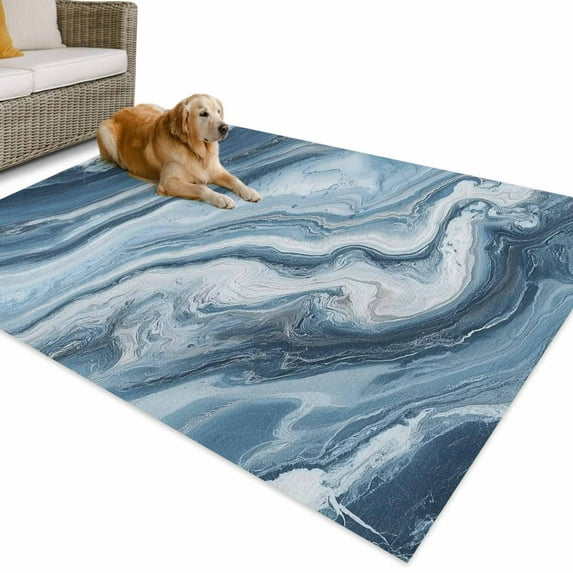 Outdoor Rug 5x8 ft Abstract Blue White Ocean Waves Waterproof Outdoor Patio Rug Mat Non Slip Outside Area Rugs Carpet for RV,Camping,Porch,Deck,Pool,Balconybackyard,Marble Textured Modern Art