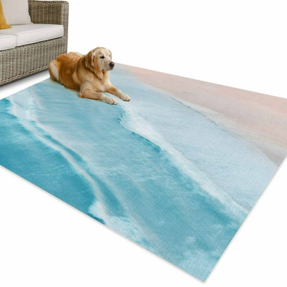 Outdoor Rug 5x8 ft Aqua Blue Coastal Beach Waterproof Outdoor Patio Rug Mat Non Slip Outside Area Rugs Carpet for RV,Camping,Porch,Deck,Pool,Balconybackyard,Ocean Sea Water
