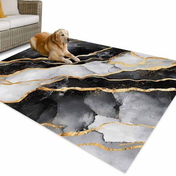 Outdoor Rug 5x8 ft Black and Gold Marble Texture Waterproof Outdoor Patio Rug Mat Non Slip Outside Area Rugs Carpet for RV,Camping,Porch,Deck,Pool,Balconybackyard,Abstract Lines