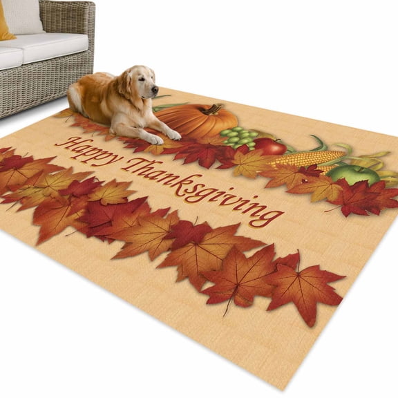 Outdoor Rug 5x8 ft Fall Happy Thanksgiving Waterproof Outdoor Patio Rug Mat Non Slip Outside Area Rugs Carpet for RV,Camping,Porch,Deck,Pool,Balconybackyard,Autumn Pumpkin Maple Leaf