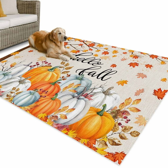 Outdoor Rug 5x8 ft Fall Thanksgiving Waterproof Outdoor Patio Rug Mat Non Slip Outside Area Rugs Carpet for RV,Camping,Porch,Deck,Pool,Balconybackyard,Orange White Teal Pumpkins Maple Leaf Linen