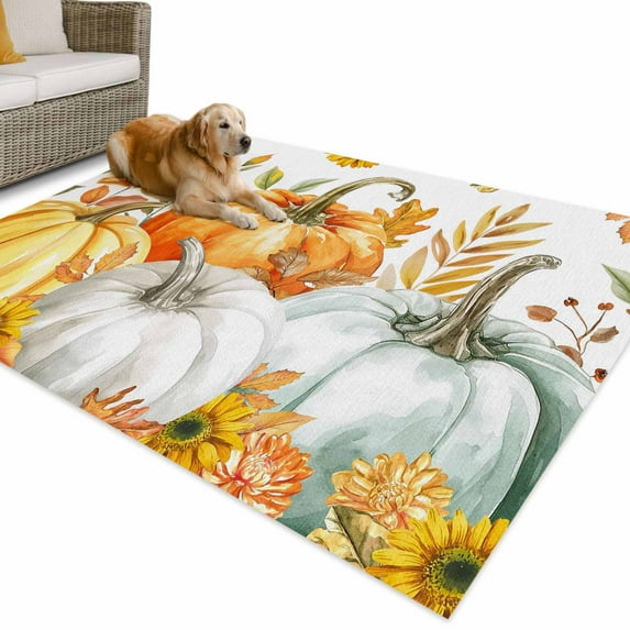 Outdoor Rug 5x8 ft Fall Thanksgiving Waterproof Outdoor Patio Rug Mat Non Slip Outside Area Rugs Carpet for RV,Camping,Porch,Deck,Pool,Balconybackyard,Orange Pumpkins Autumn Leaves Floral