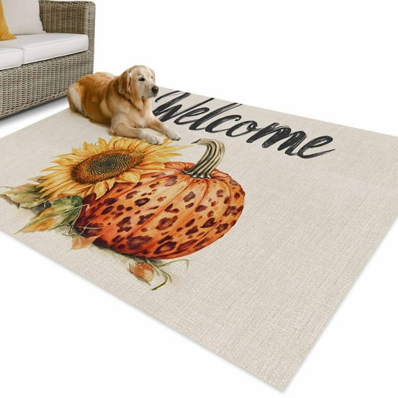 Outdoor Rug 5x8 ft Fall Waterproof Outdoor Patio Rug Mat Non Slip Outside Area Rugs Carpet for RV,Camping,Porch,Deck,Pool,Balconybackyard,Sunflower Pumpkin Leopard Print Orange