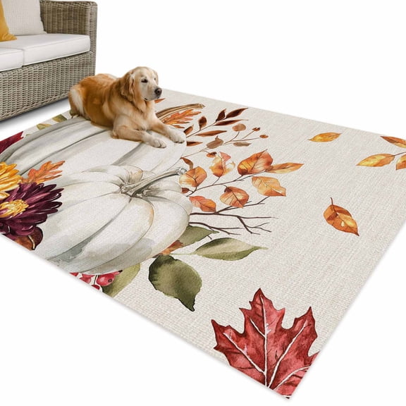 Outdoor Rug 5x8 ft Farmhouse Fall Thanksgiving Waterproof Outdoor Patio Rug Mat Non Slip Outside Area Rugs Carpet for RV,Camping,Porch,Deck,Pool,Balconybackyard,Boho White Floral Pumpkin Leaf