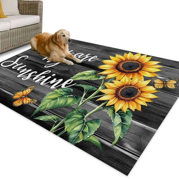 Outdoor Rug 5x8 ft Farmhouse Floral Sunflower Waterproof Outdoor Patio Rug Mat Non Slip Outside Area Rugs Carpet for RV,Camping,Porch,Deck,Pool,Balconybackyard,You Are My Sunshine Black