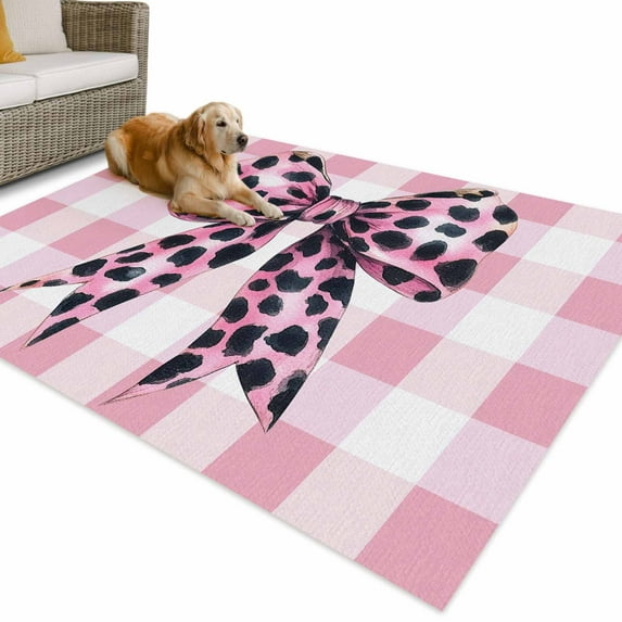 Outdoor Rug 5x8 ft Farmhouse Waterproof Outdoor Patio Rug Mat Non Slip Outside Area Rugs Carpet for RV,Camping,Porch,Deck,Pool,Balconybackyard,Pink Checkered Leopard Print Bow Pink Black