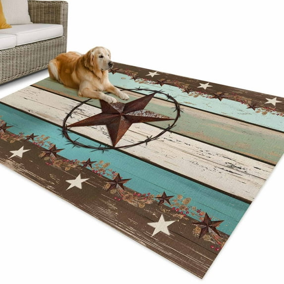 Outdoor Rug 5x8 ft Farmhouse Waterproof Outdoor Patio Rug Mat Non Slip Outside Area Rugs Carpet for RV,Camping,Porch,Deck,Pool,Balconybackyard,Wood Texture Barn Star Brown Turquoise
