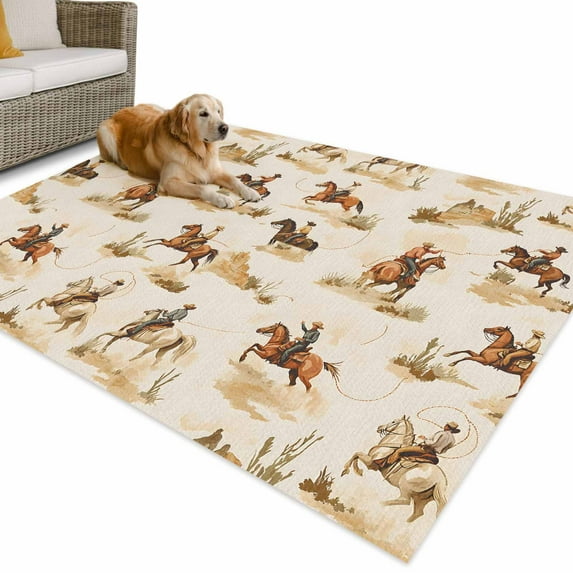 Outdoor Rug 5x8 ft Farmhouse Western Waterproof Outdoor Patio Rug Mat Non Slip Outside Area Rugs Carpet for RV,Camping,Porch,Deck,Pool,Balconybackyard,Cowboy Desert Horse Print Brown Beige
