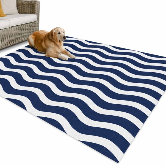 Outdoor Rug 5x8 ft Geometric Nautical Striped Pattern Waterproof Outdoor Patio Rug Mat Non Slip Outside Area Rugs Carpet for RV,Camping,Porch,Deck,Pool,Balconybackyard,Navy Blue White Wave Pattern